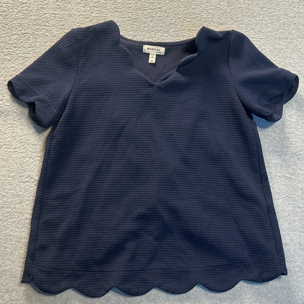 Monteau Los Angeles V-Neck Puff Sleeve Scallop Hem Blouse Womens M Navy Textured